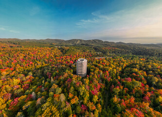 Obsevation tower in mountains autumn quebec
