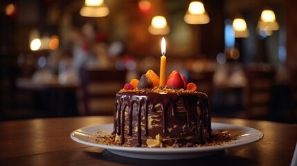 A beautiful chocolate birthday cake with colorful chocolate covered fruit in a cozy restaurant AI generative