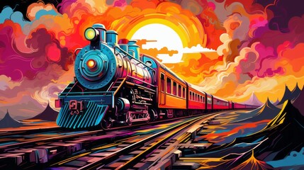 Illustration of a train locomotive, track and sky in cubism style. Made with Generative AI - obrazy, fototapety, plakaty