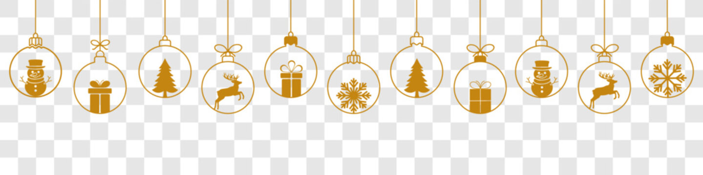 Christmas ball golden line icon.Set of simple hanging golden christmas balls seamless border .Holiday christmas decoration. New Year seamless banner .