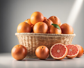 Ripe appetizing grapefruit fruits in an overflowing basket