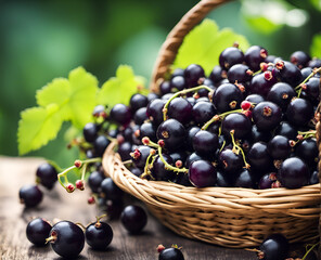 Ripe appetizing black currant berries in an overflowing basket