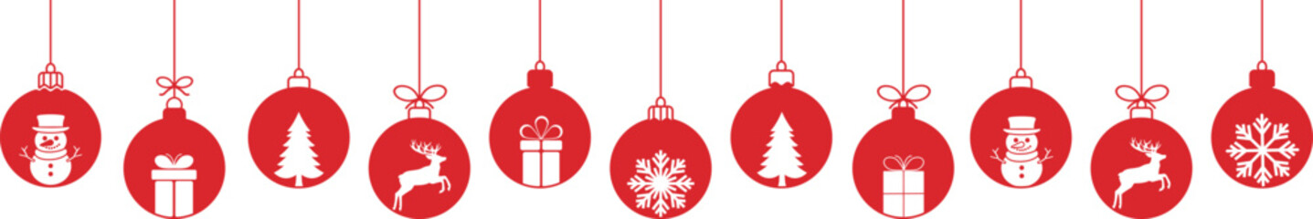 Christmas ball red line icon.Set of simple hanging  christmas balls seamless border .Holiday christmas decoration. New Year seamless banner .