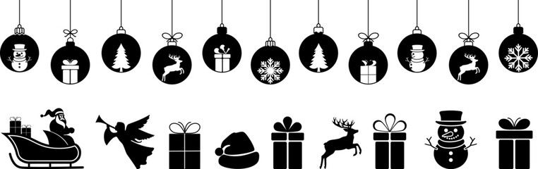 Set of Christmas icons. Christmas design elements.Snowflake,christmas ball,santa claus,gift box,christmas tree,snowman,reindeer.Christmas icons collection. - obrazy, fototapety, plakaty