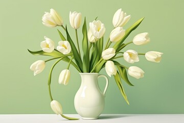 Delicate tulips in white vase on green backdrop. Bright and fresh floral arrangement in studio illustration. Generative AI