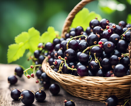 Ripe Appetizing Black Currant Berries In An Overflowing Basket