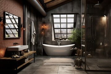 bathroom with a loft and an industrial design. Generative AI