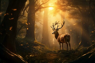 A majestic deer stands in a moonlit forest, adorned with sunlight filtering through trees. Its antlers glow with a golden hue. Generative AI