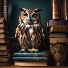 A wise owl in a professor's attire, surrounded by books and a chalkboard3