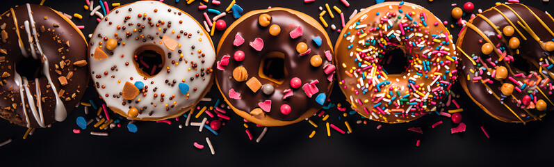Flat lay of donuts. With colored sparks. Pastel color background.