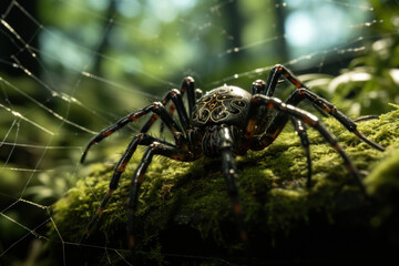 A spider spinning an intricate web among the branches of a tree, a testament to nature's engineering. Generative Ai.