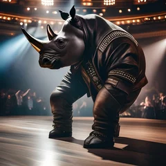 Fotobehang A rockstar rhino in leather pants, performing on a grand stage3 © Ai.Art.Creations