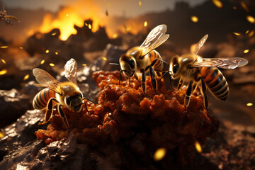 A colony of bees swarming around a beehive, working together to produce honey. Generative Ai. - obrazy, fototapety, plakaty