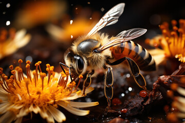 A bee covered in pollen, collecting nectar from a field of wildflowers. Concept of vital pollinators. Generative Ai.