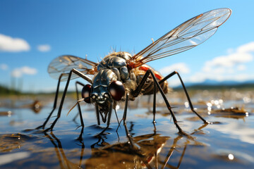 A water strider gracefully gliding on the surface of a calm pond. Generative Ai.