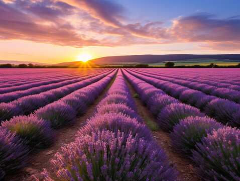 An aerial view of endless rows of vibrant lavender fields stretching towards the horizon.
