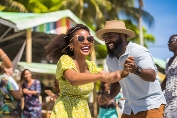 Couples dancing to reggae music at a Barbadian beach bar  