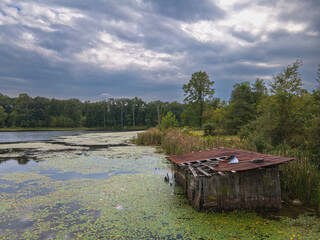 Old wooden structure partially submerged.