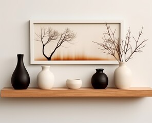 A small shelf filled with pots, vases and a tree portrait