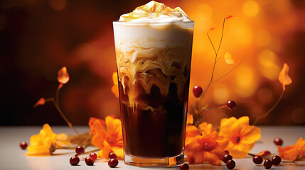 Pumpkin cream cold brew latte autumn leaves commercial light. Ai generative - obrazy, fototapety, plakaty
