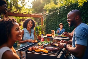 Diverse group of friends having a BBQ in their backyard   - obrazy, fototapety, plakaty