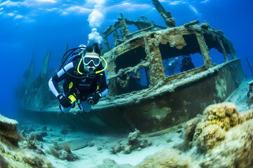 Divers exploring shipwrecks off the coast of Barbados   - obrazy, fototapety, plakaty
