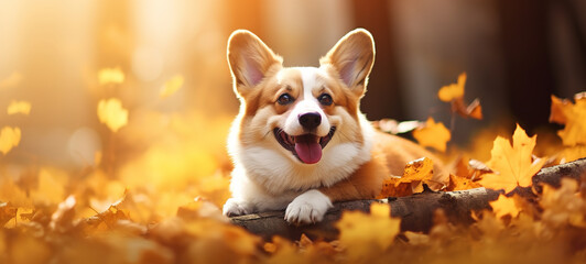 Happy Corgi dog on Autumn nature background, wide web banner. Autumn activities for dogs. Ai generative