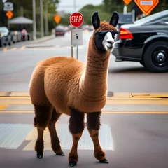 Fensteraufkleber A llama in a police officer's uniform, directing traffic with authority1 © Ai.Art.Creations