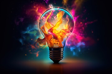An abstract light bulb exploding with full colors. Ai generative.