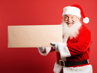 Fototapeta na wymiar A jolly Santa Claus points to a blank advertisement with a big smile on his face.