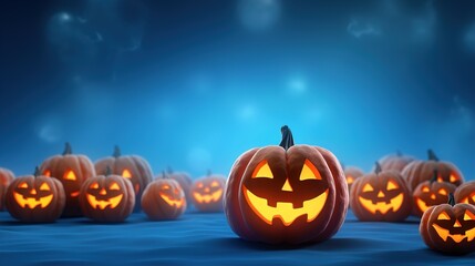 Fototapeta premium Halloween Pumpkin on a blue background. Ai generative