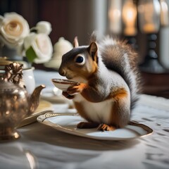 A sophisticated squirrel in a Victorian-era dress, enjoying afternoon tea3 - obrazy, fototapety, plakaty