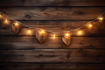 Glowing heart-shaped fairy lights on a rustic wooden grain   - Powered by Adobe