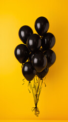 Black balloons with yellow background. Black Friday and Cyber Monday. 
