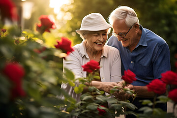 Fototapeta na wymiar Older couple planting roses together in their garden on Valentines
