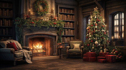 Fototapeta na wymiar A cozy, traditionally decorated room for Christmas. Ai generative