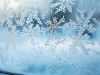 A close-up photograph of intricate snowflakes or frost patterns on a window, vintage-inspired, in raw format.