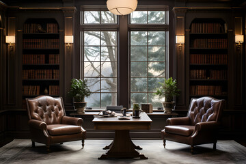  Classic study room with leather chairs and built-in bookcases  - obrazy, fototapety, plakaty