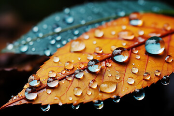 Raindrops on autumn leaves. Ai generative