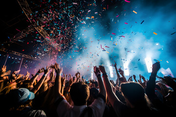  Confetti cannons erupting over a festive crowd 
