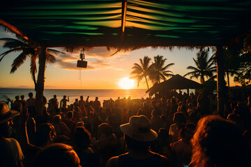  Crowd swaying to live reggae music at a beach bar 