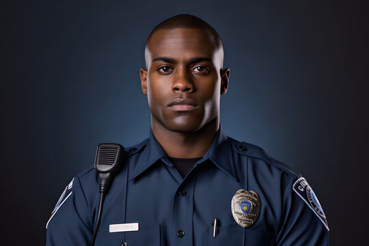 Close up photograph of a focused police officer in uniform against a solid blue background 