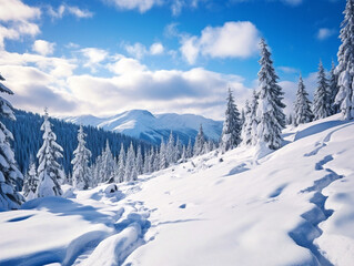 Fototapeta na wymiar A majestic mountain range covered in glistening snow under a bright blue sky.