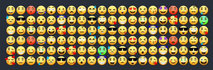 A large collection of 120 emoticon icons with various expression styles. A collection of cartoon emojis suitable for social media needs. A collection of vector emoticons