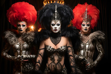  Performers in extravagant costumes at a cabaret show 