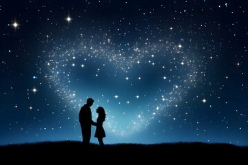 Fototapeta na wymiar Silhouette of a couple under a heart-shaped star constellation 