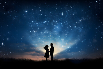 Silhouette of a couple under a heart-shaped star constellation 