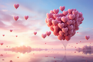 Fototapeta premium Whimsical heart-shaped balloons floating against a pastel sky 
