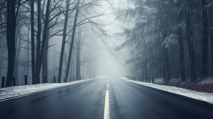 Fototapeta na wymiar Road in winter. Straight road in the middle of a snowy forest. Driving through the fog