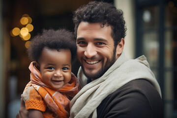The portrait of a man holding his baby and sleeping on a sofa of a living room together, Generative AI.